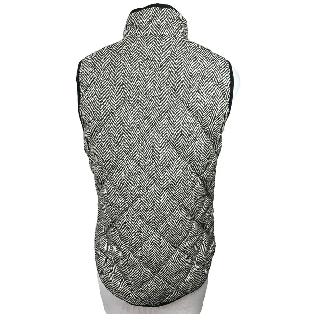 J Crew Black White Herringbone Zip Up Quilted Down Puffer Vest Coat Jacket XS